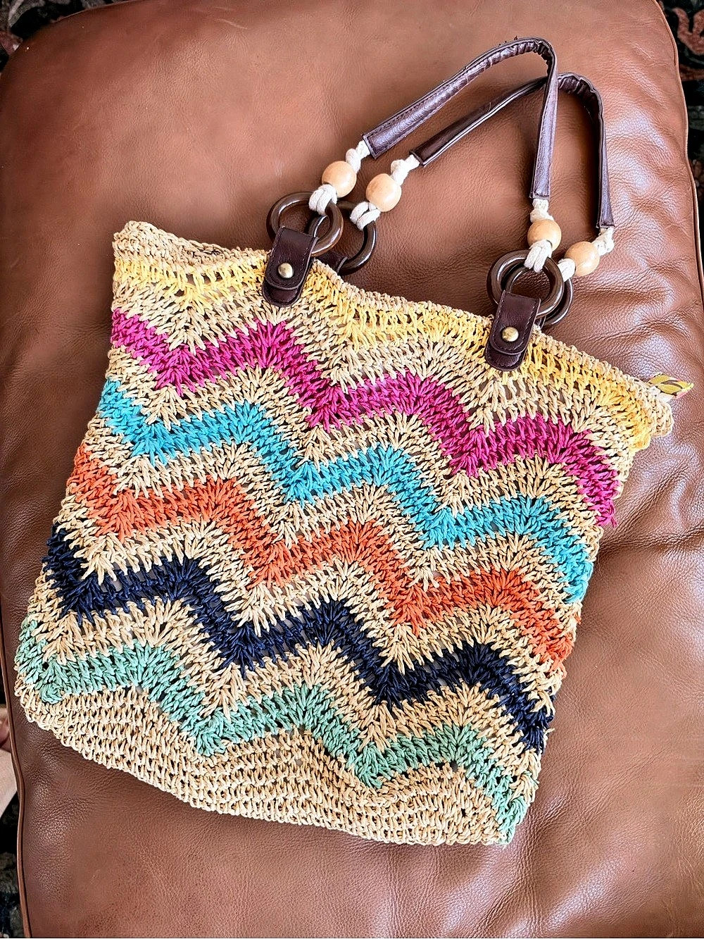 Vintage Woven Straw Tote Bag – Colorful Chevron Boho Beach Purse